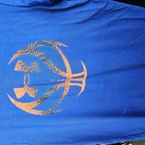 Blue T-Shirt with Orange Graphic. 179